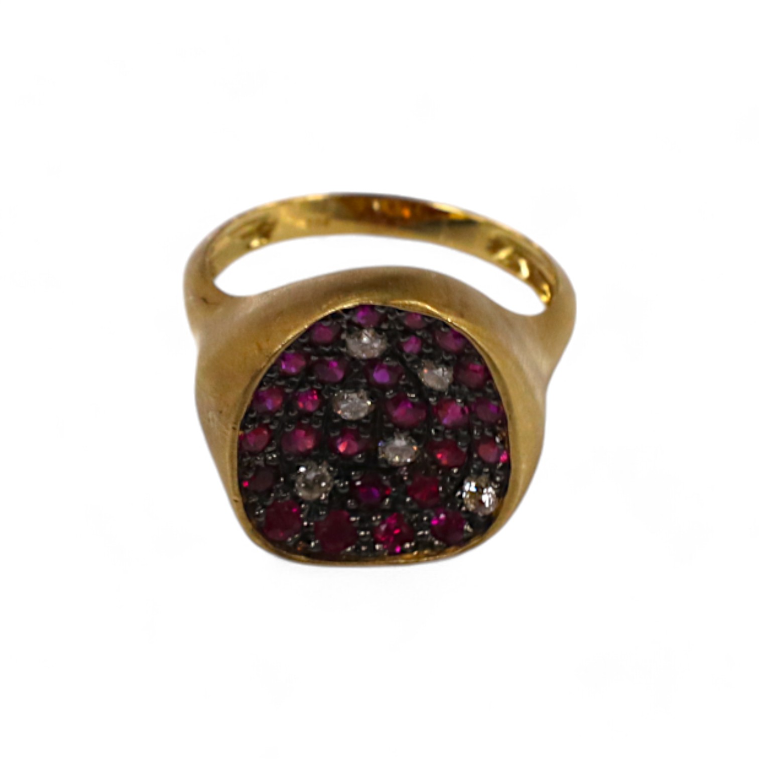 A modern 18k and pave set ruby and diamond set concave dress ring, size O, gross weight 5.4 grams. Condition - fair